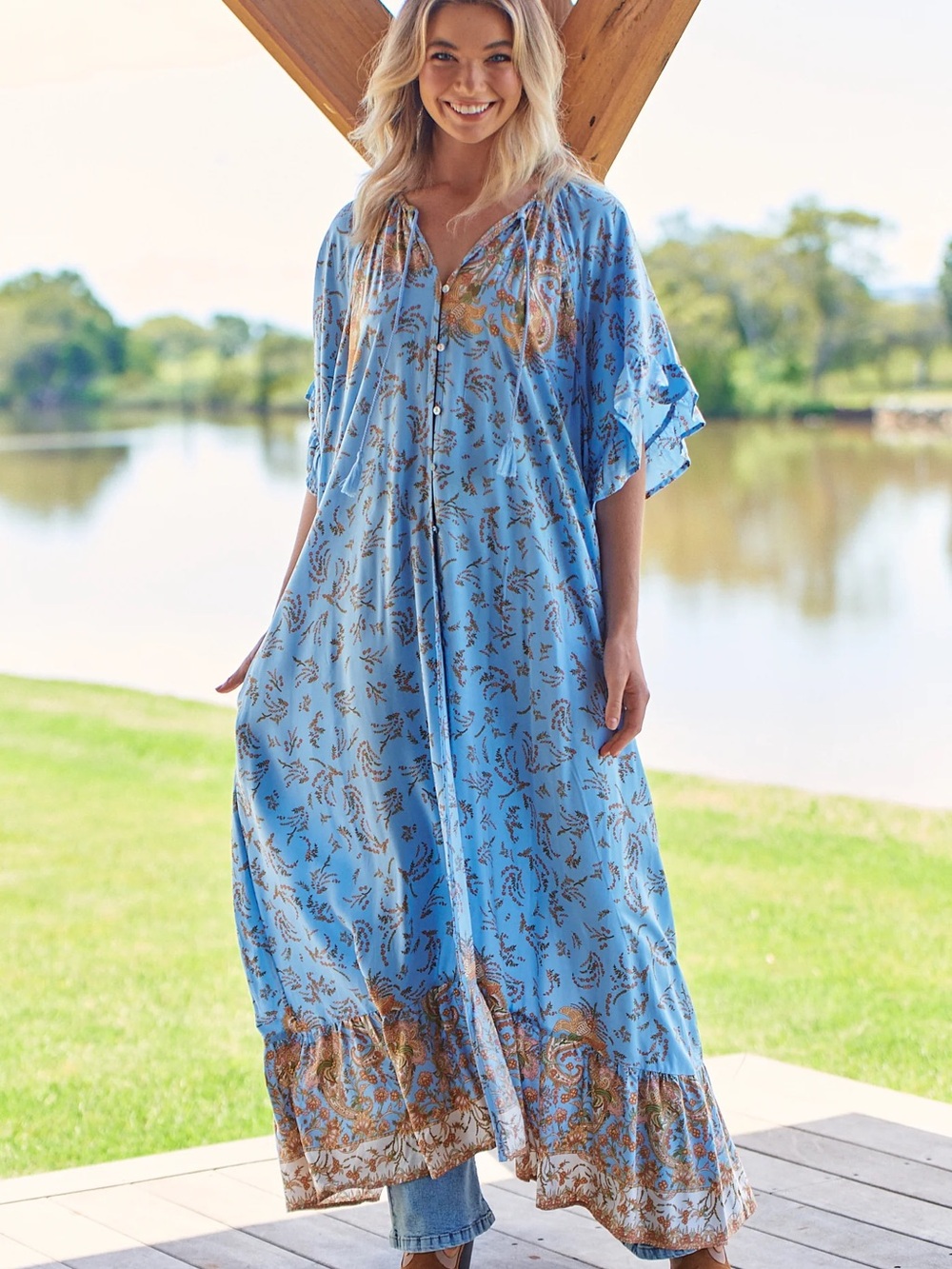 Jaase Blue Floral Maxi Dress with Brown Paisley Border